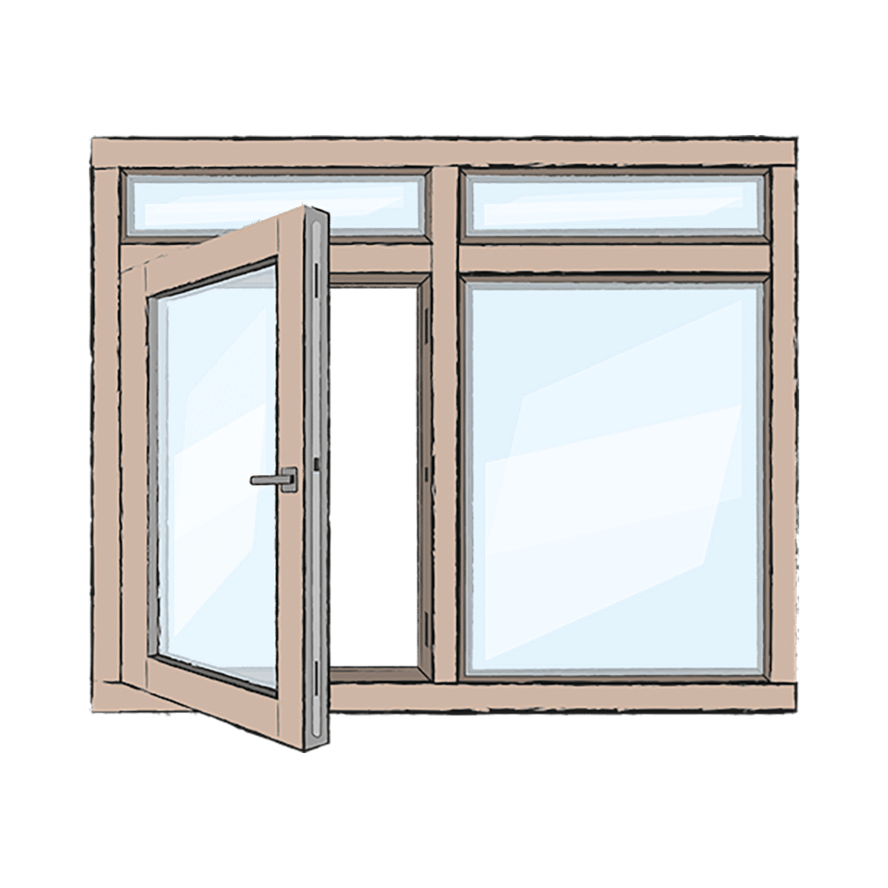 Draai/kiep raamkozijn en vast raam met bovenlichten