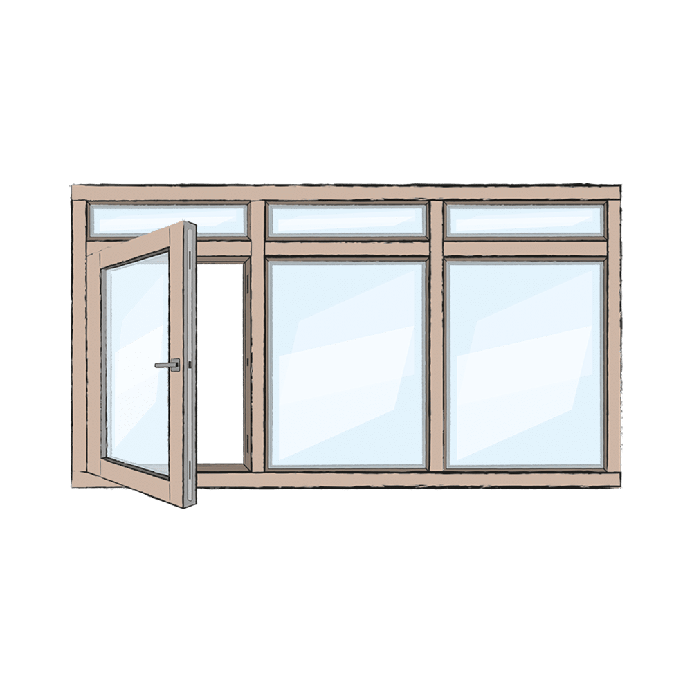 Draai/kiep raamkozijn met twee vaste ramen met bovenlichten